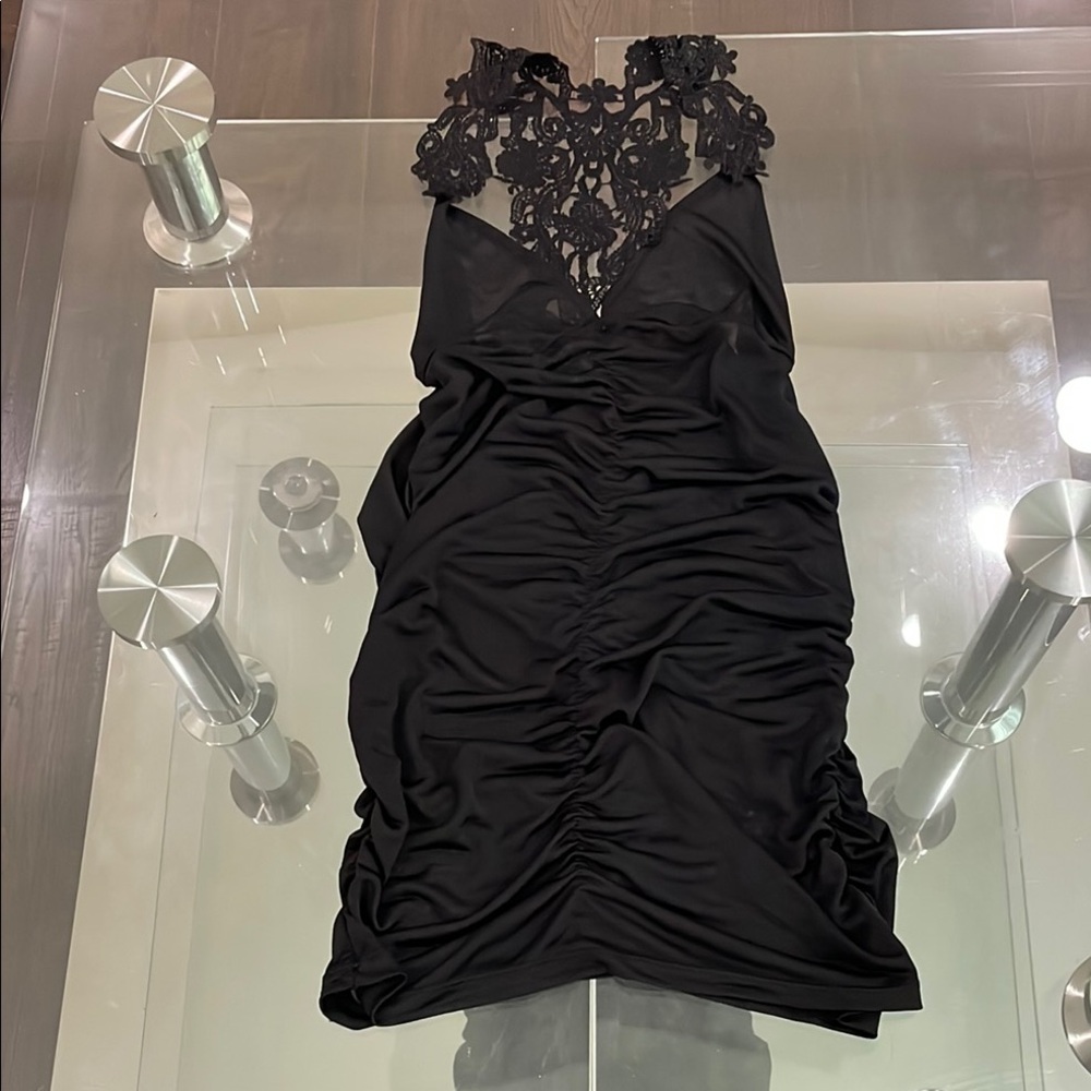 Very sexy black lace T back scrunched top size XS/S ruched front sides v plunge